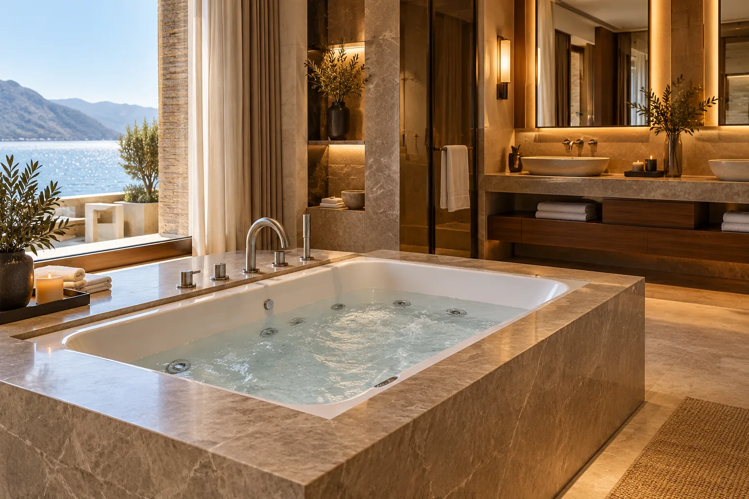 Eingebaute Whirlpoolwanne mit Steineinfassung im Bad einer Hotelsuite — nach Maß gefertigt in Foshan