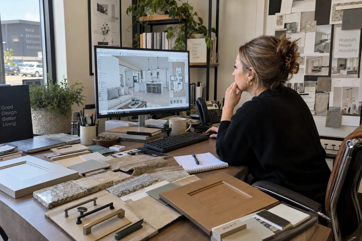 Designer von George Group plant einen Grundriss für ein ganzes Haus am Bildschirm im Studio in Foshan