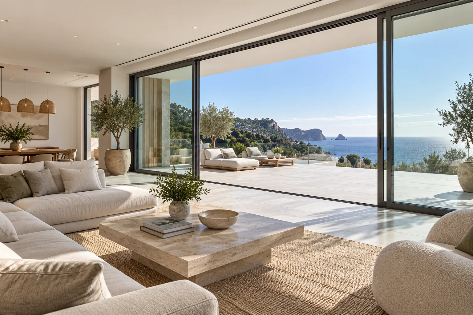 Aluminium sliding glass doors opening onto a terrace — custom made in Foshan