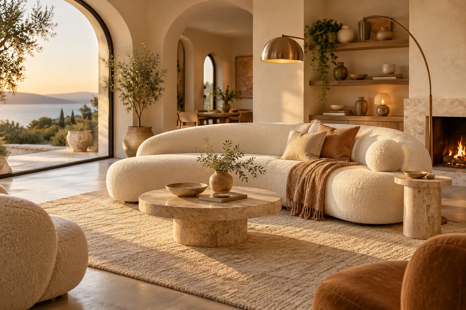 Geschwungenes Bouclé-Sofa in einem warmen, minimalistischen Wohnzimmer — nach Maß gefertigt in Foshan