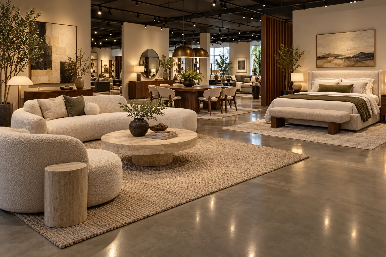 Möbel-Showroom mit ausgestellten Sofas, Essgruppen und Schlafzimmermöbeln in Foshan