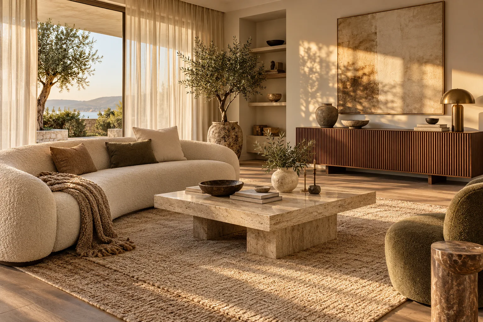 Custom living room furniture — boucle sofa, stone coffee table and walnut case goods, made in Foshan