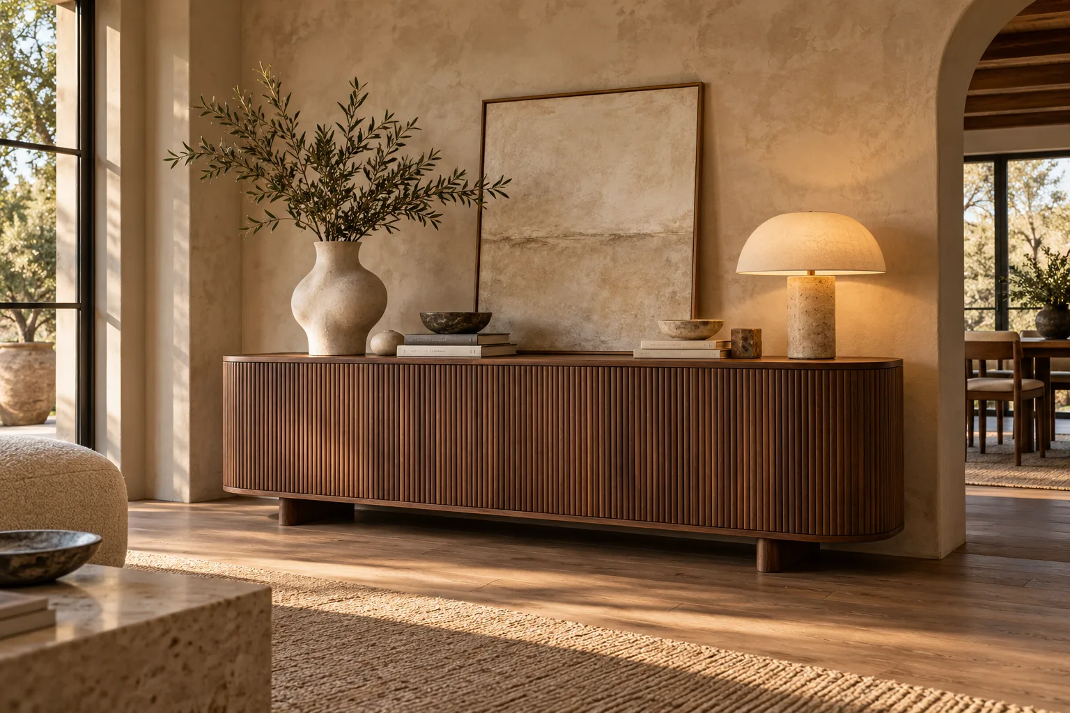 Geriffeltes Sideboard aus Walnuss mit dekorativem Styling im Essbereich — nach Maß gefertigt in Foshan