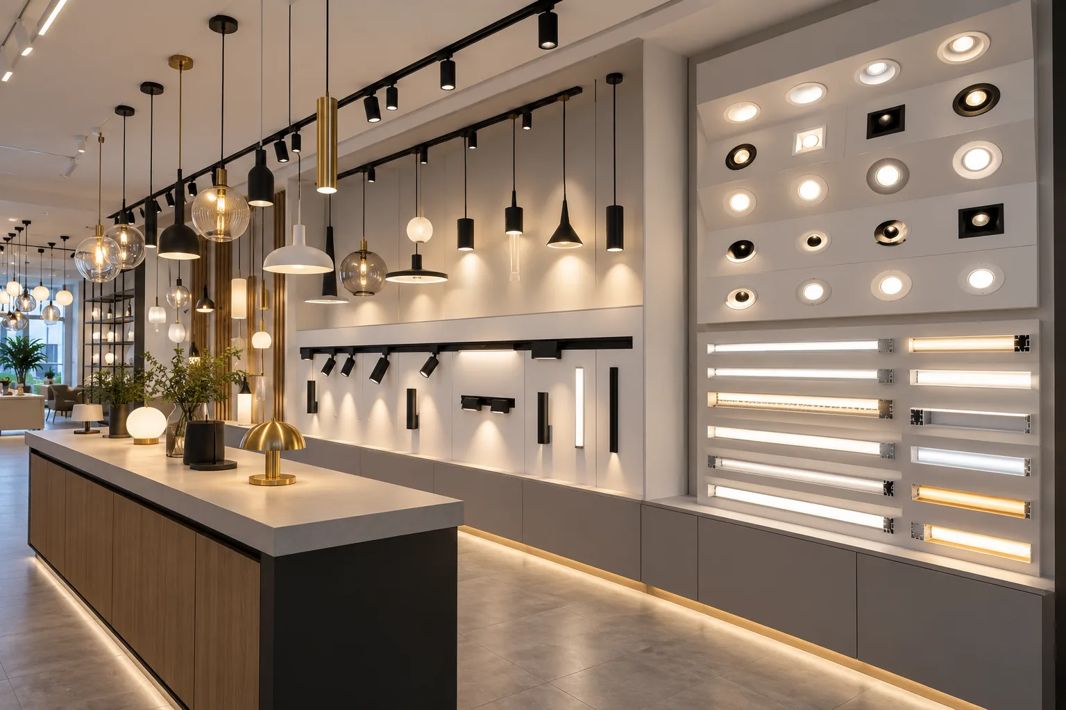 Beleuchtungsausstellung mit Pendelleuchten, Stromschienensystemen und Downlight-Mustern in Foshan