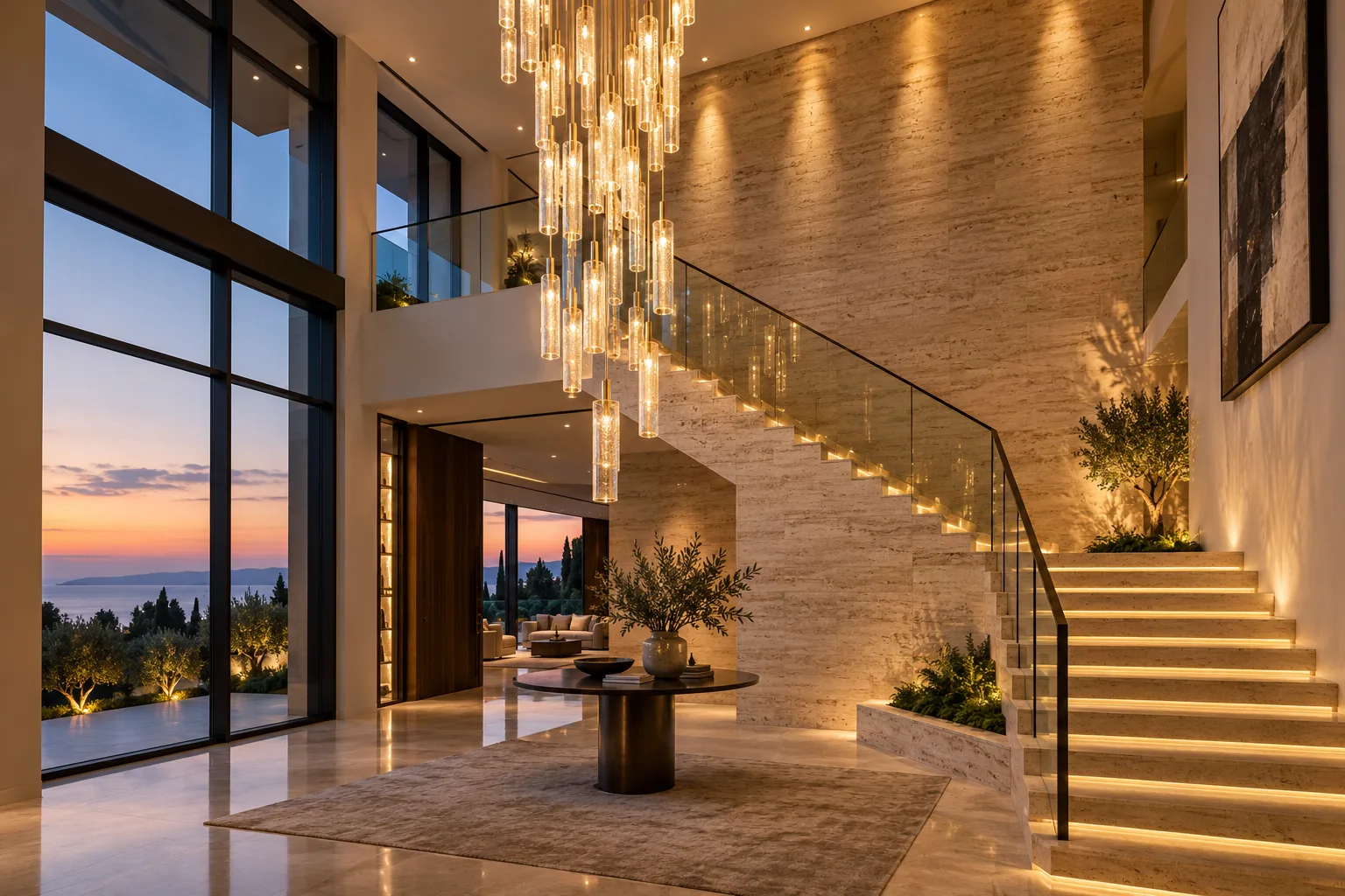 Modern chandelier cascading through a double-height villa stairwell — custom made in Foshan