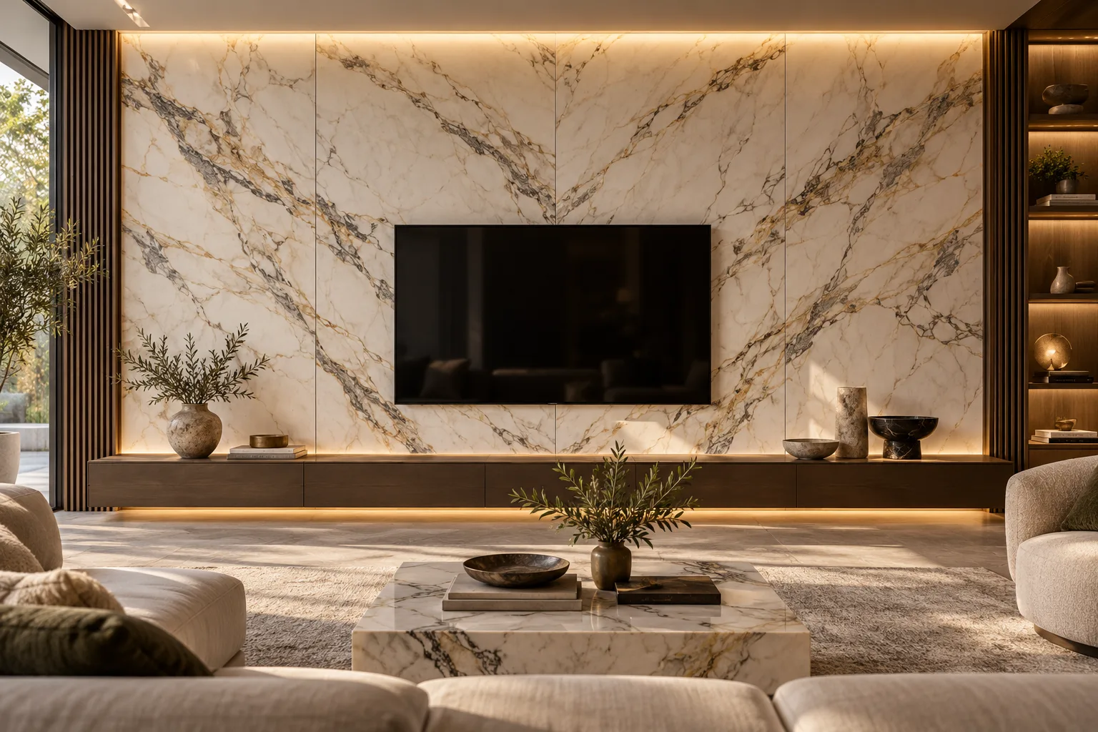 Spiegelbildlich gematchte Marmor-TV-Wand in einem Wohnzimmer — nach Maß gefertigt in Foshan