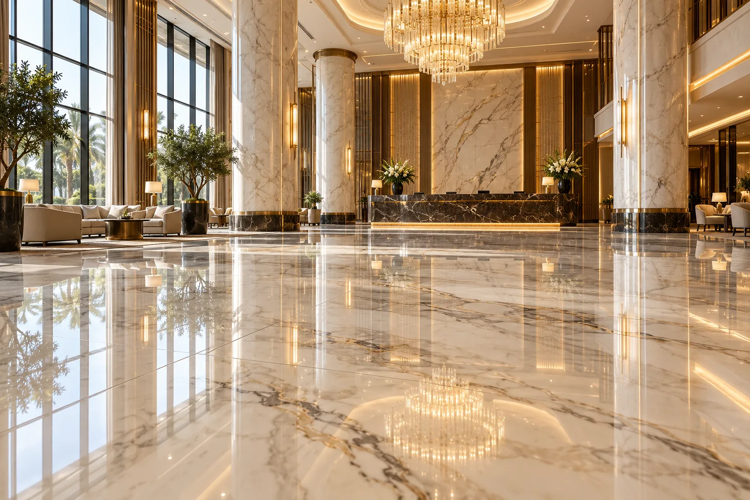 Großformatige Marmorbodenplatten in einer Hotellobby — nach Maß gefertigt in Foshan