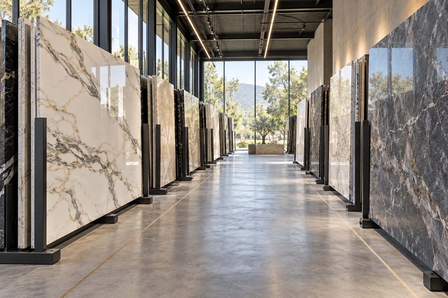 Reihen von Marmorplatten in unserer Plattenausstellung — eine Charge pro Projekt reserviert