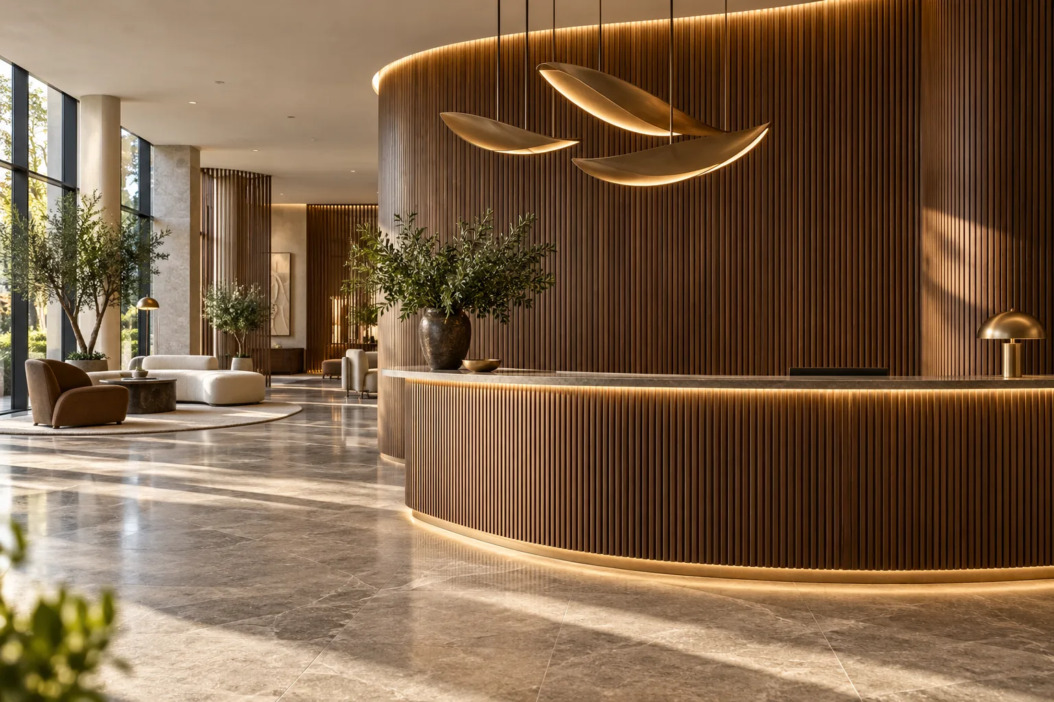 Geschwungene Riffelwandpaneele an einer Empfangstheke in der Lobby eines Boutique-Hotels — nach Maß gefertigt in Foshan