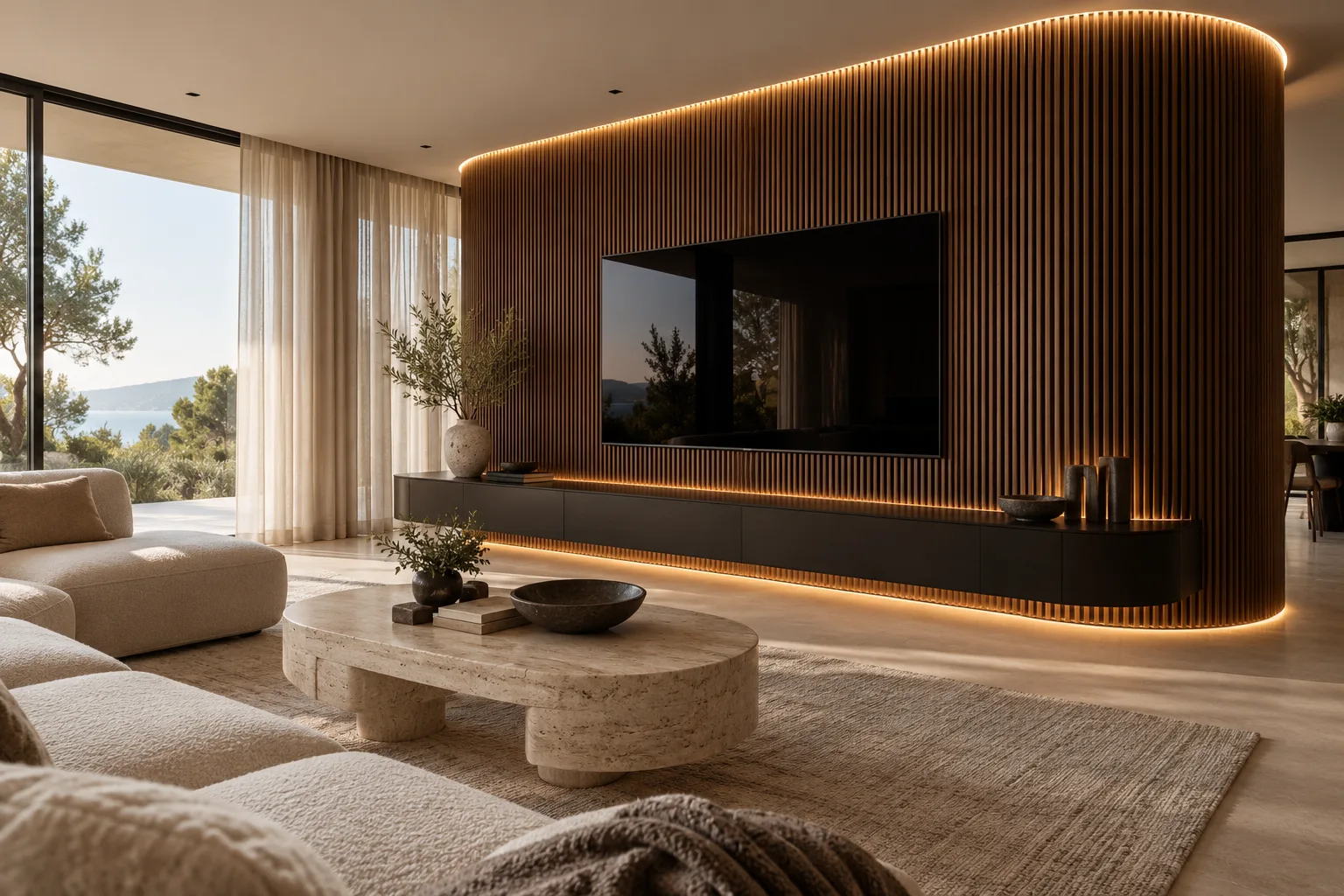 Geschwungene Nussbaum-Riffelwandpaneele an einer TV-Wand mit verdecktem LED-Licht — nach Maß gefertigt in Foshan