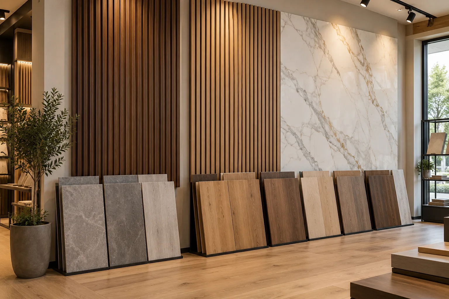 Musterwand mit Riffel-, Lamellen- und Marmoroptik-Paneelen über SPC- und Mehrschichtboden-Ausstellungen in unserem Showroom in Foshan