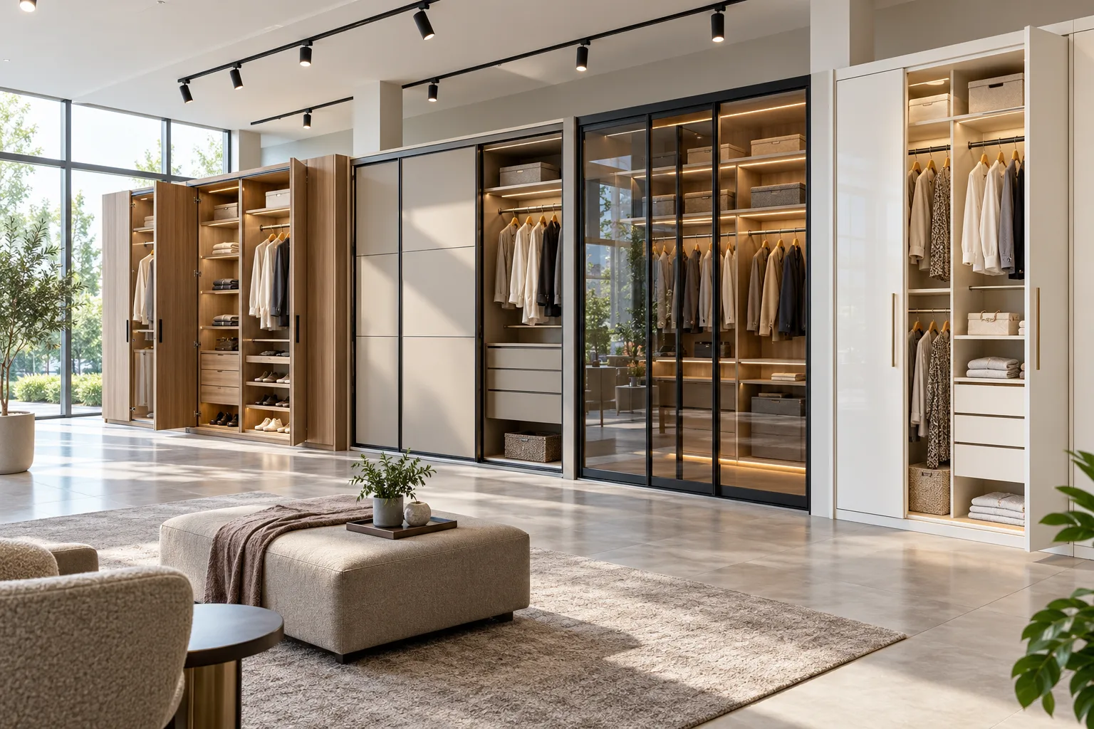 Custom wardrobes and walk-in closet displays in our Foshan showroom